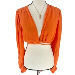 WHOIAM‎ Orange Crop Top Tie Front Long Sleeve Blouse Size 10